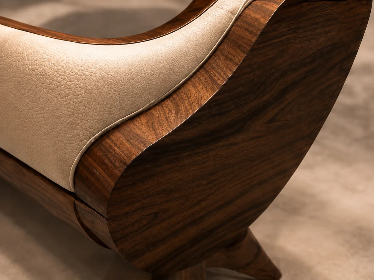 Sculptural bench in precious wood and leather, an exceptional furniture piece